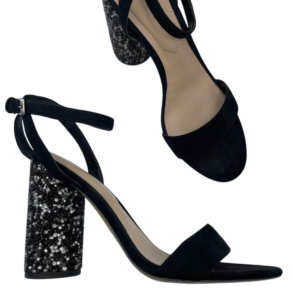 Aldo Black Rhinestone Chunky Heel Peep Toe Shoes Womens 6.5 Glitter Party Glam